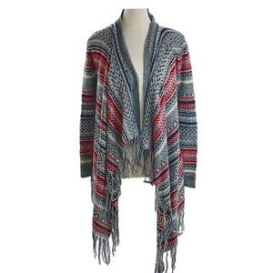Altar'd State Cardigan Sweater XS Open Front Gray Red Knit Fringe Boho Aztec